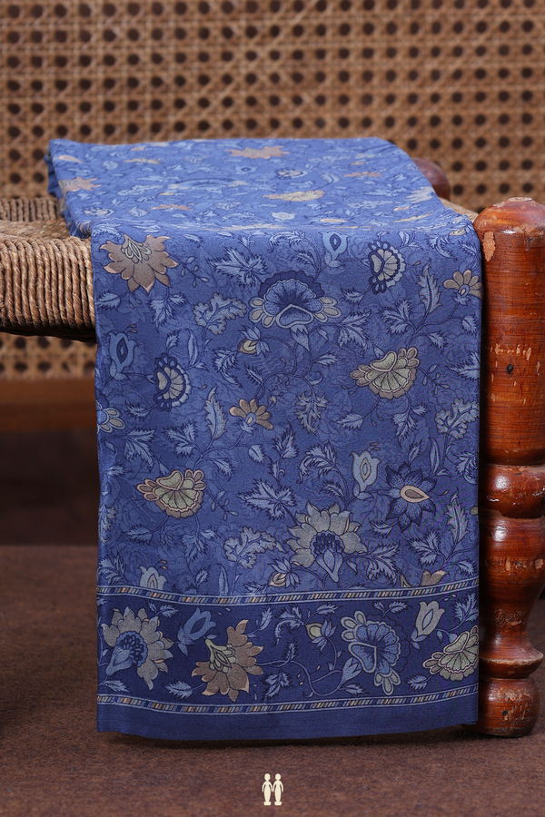 Crepe Saree In Capri Blue With Floral Printed Design