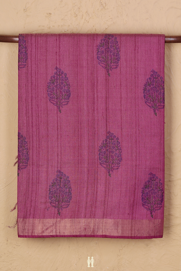 Tussar Silk Saree In Mulberry With Floral Printed Design