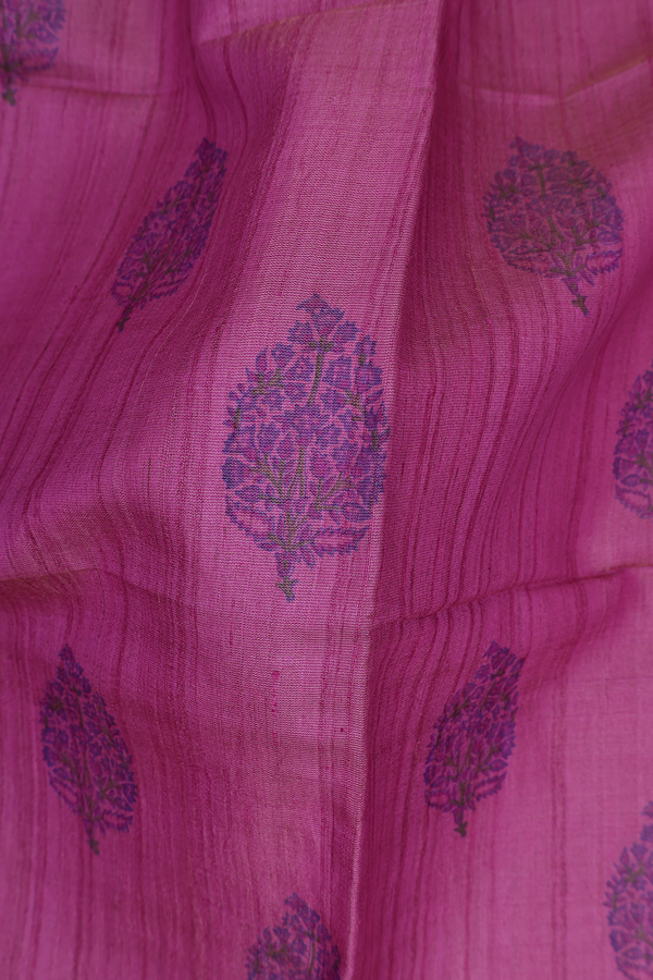 Tussar Silk Saree In Mulberry With Floral Printed Design