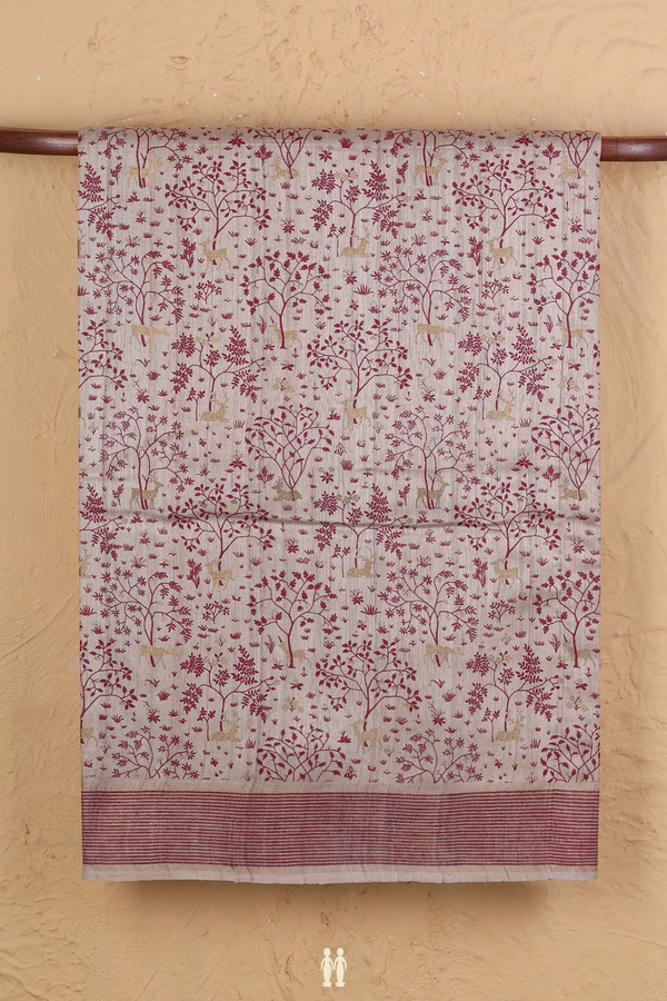 Tussar Silk Saree In Cream Color With Floral Design