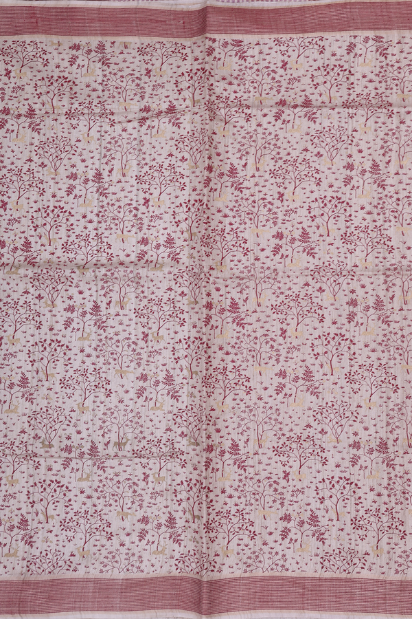 Tussar Silk Saree In Cream Color With Floral Design