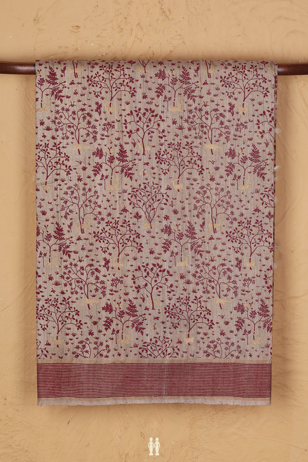 Tussar Silk Saree In Cream Color With Tree Printed Design