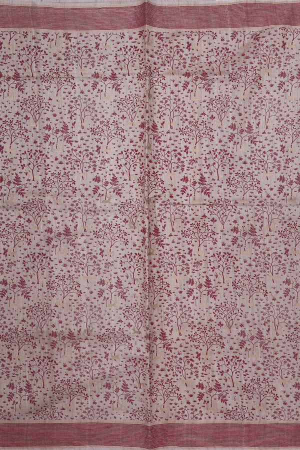 Tussar Silk Saree In Cream Color With Tree Printed Design