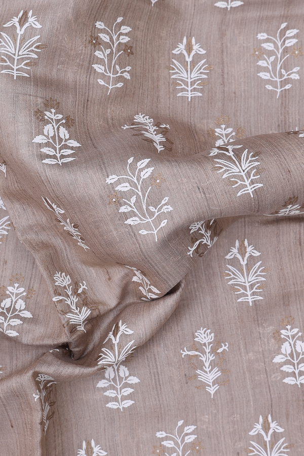 Tussar Silk Saree In Pastel Brown With Floral Printed Design