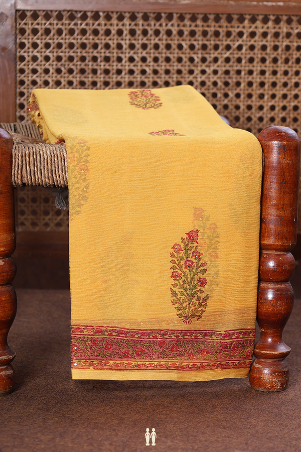 Chiffon Saree In Mustard Yellow With Floral Design