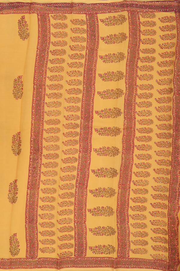 Chiffon Saree In Mustard Yellow With Floral Design