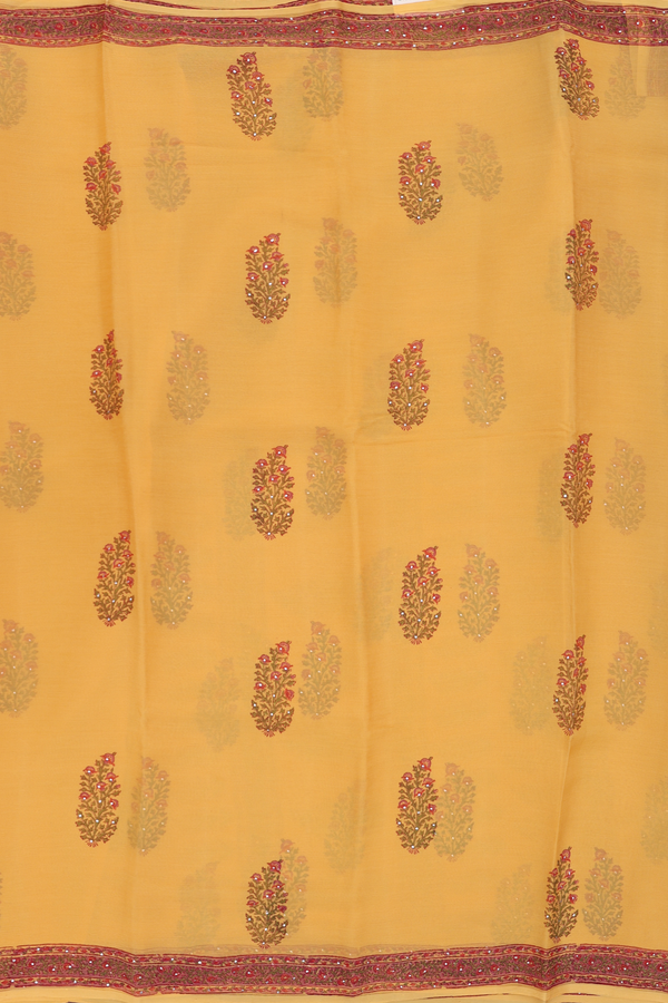 Chiffon Saree In Mustard Yellow With Floral Design