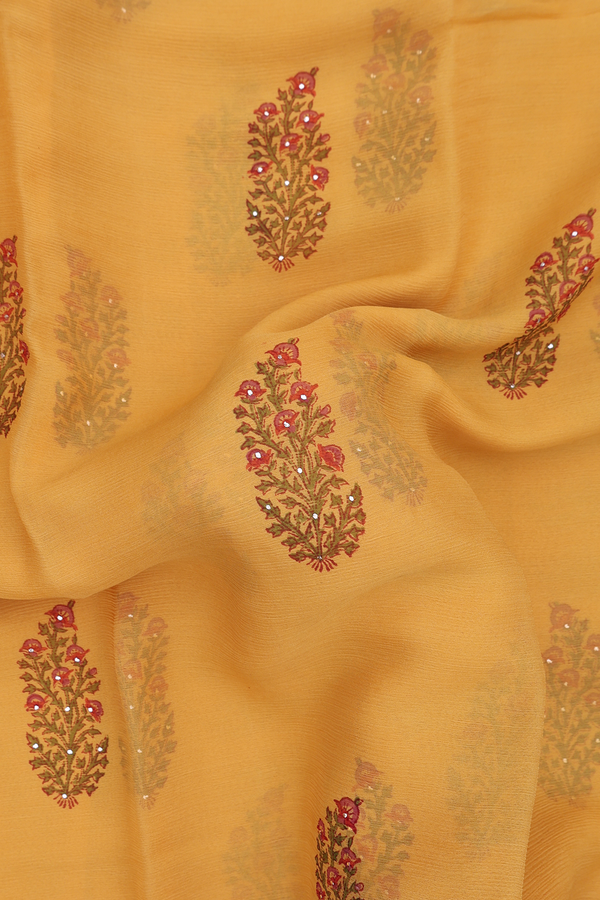 Chiffon Saree In Mustard Yellow With Floral Design