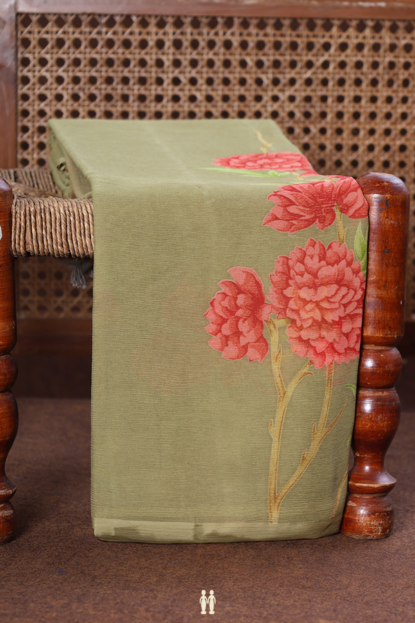 Chiffon Saree In Sage Green With Floral Design