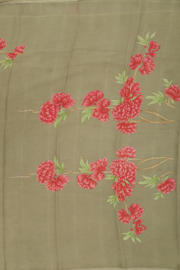 Chiffon Saree In Sage Green With Floral Design