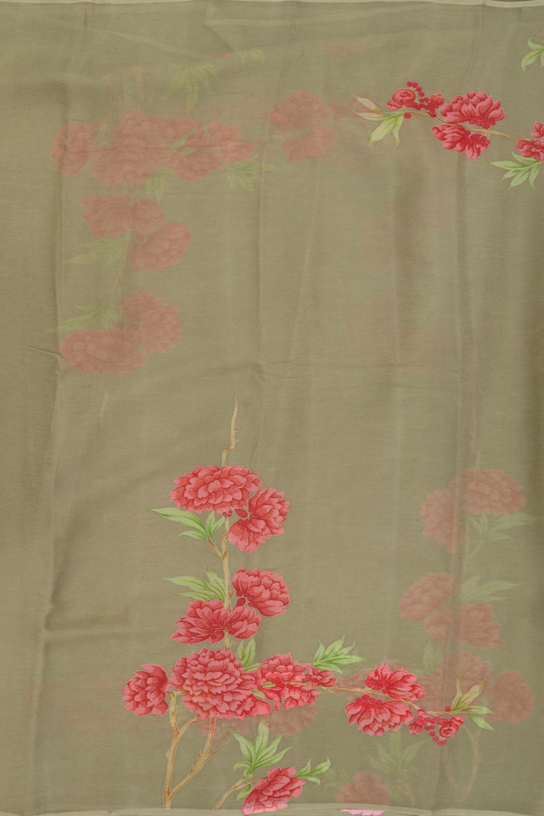 Chiffon Saree In Sage Green With Floral Design