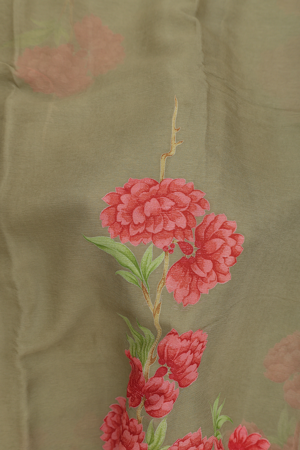 Chiffon Saree In Sage Green With Floral Design