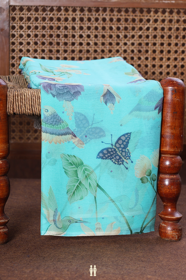 Chiffon Saree In Tiffany Blue With Butterfly Design