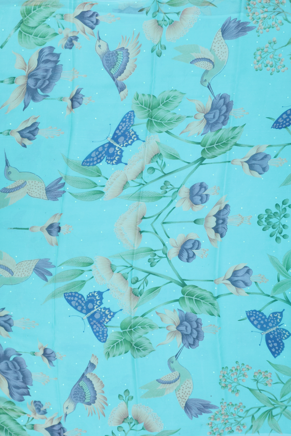 Chiffon Saree In Tiffany Blue With Butterfly Design
