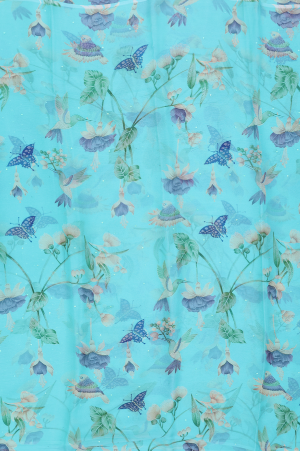 Chiffon Saree In Tiffany Blue With Butterfly Design