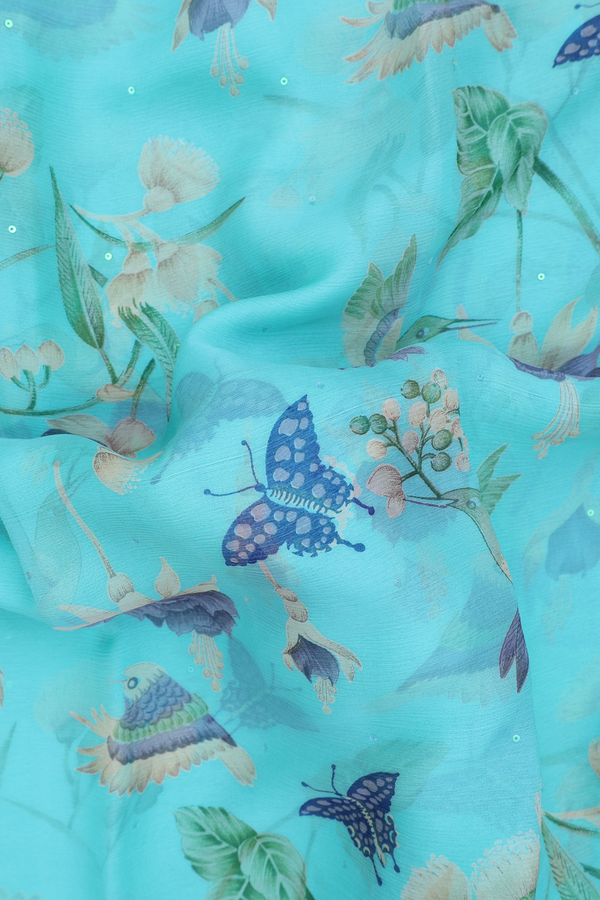 Chiffon Saree In Tiffany Blue With Butterfly Design
