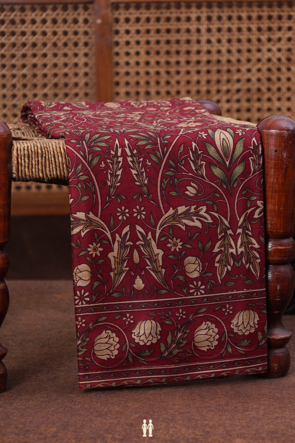 Printed Silk Saree In Chocolate Brown With Floral Design