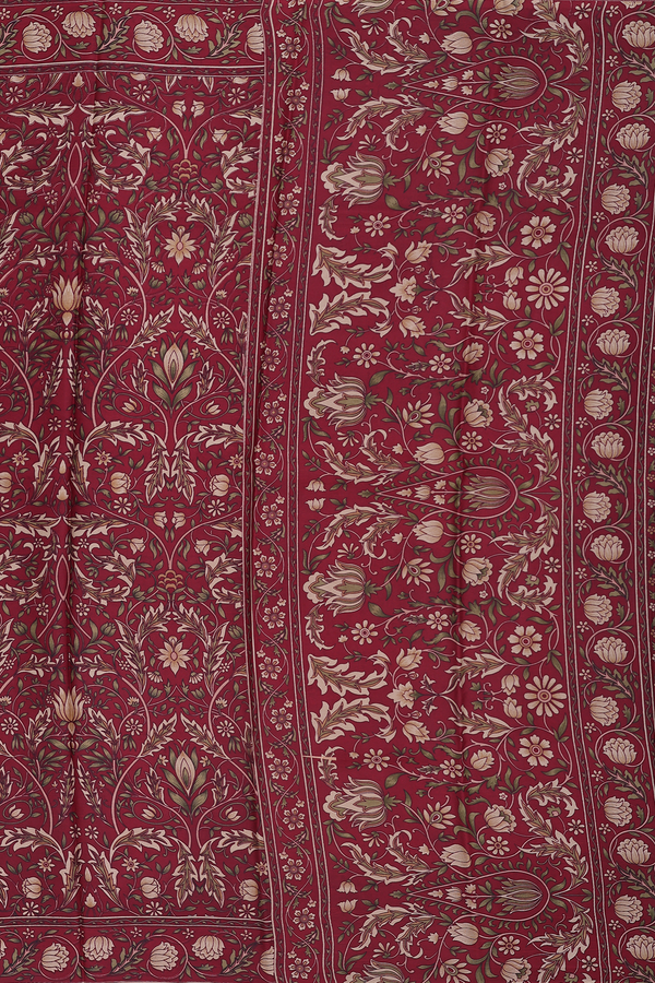 Printed Silk Saree In Chocolate Brown With Floral Design