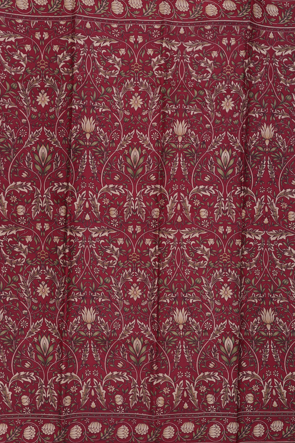 Printed Silk Saree In Chocolate Brown With Floral Design