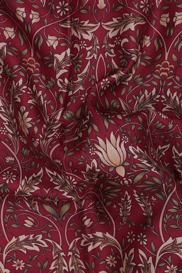 Printed Silk Saree In Chocolate Brown With Floral Design