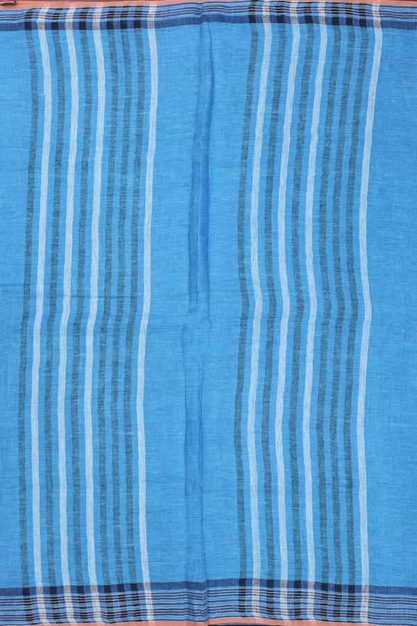 Linen Saree In Plain Blue With Stripes Border