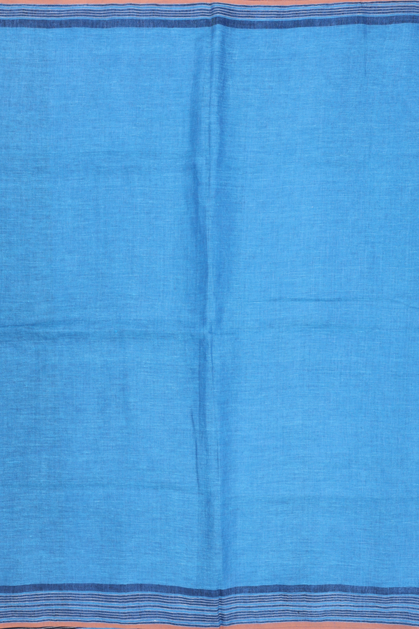Linen Saree In Plain Blue With Stripes Border