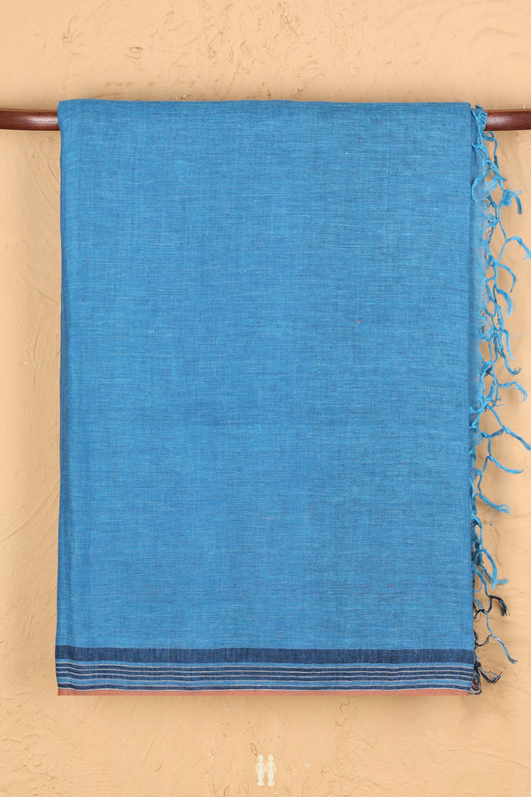 Linen Saree In Plain Blue With Stripes Border