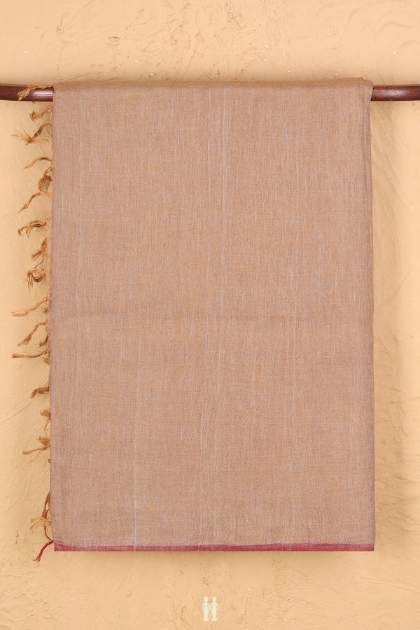 Linen Saree In Brown With Threadwork Pallu