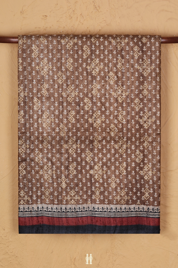 Tussar Silk Saree In Brown With Printed Design