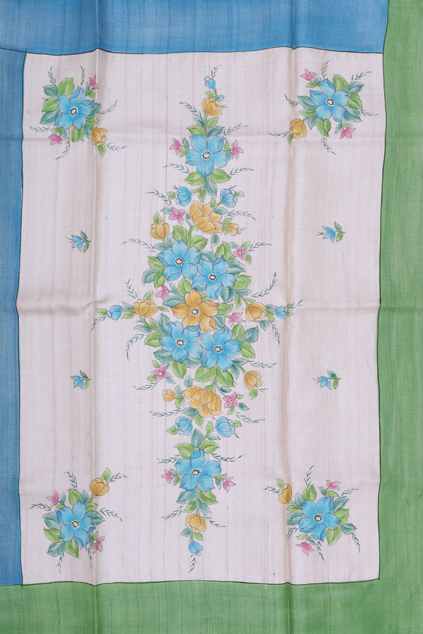Tussar Silk Saree In Plain Cream Color With Contrast Border