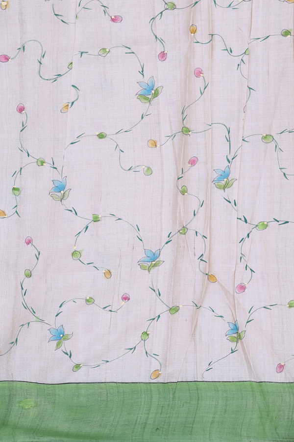 Tussar Silk Saree In Plain Cream Color With Contrast Border