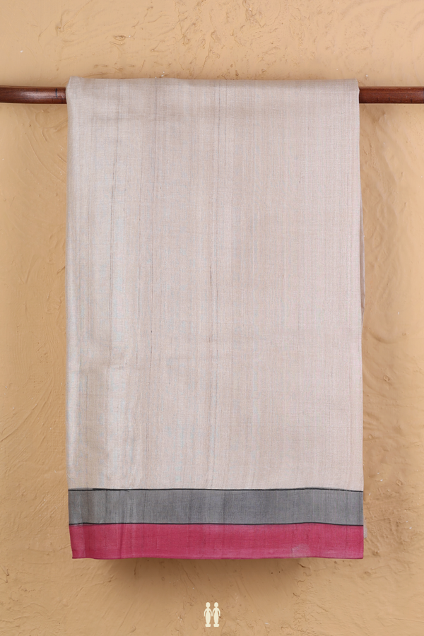 Tussar Silk Saree In Plain Cream Color With Contrast Border