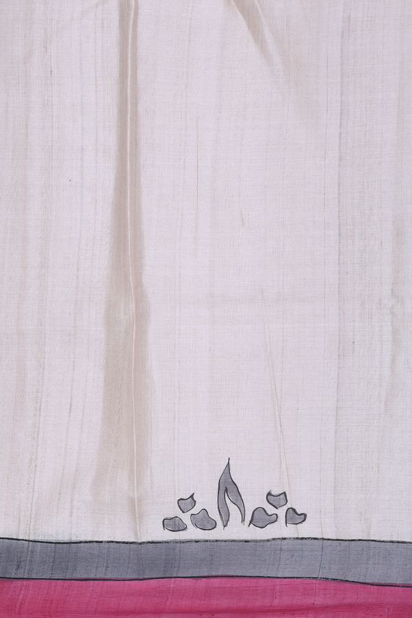 Tussar Silk Saree In Plain Cream Color With Contrast Border