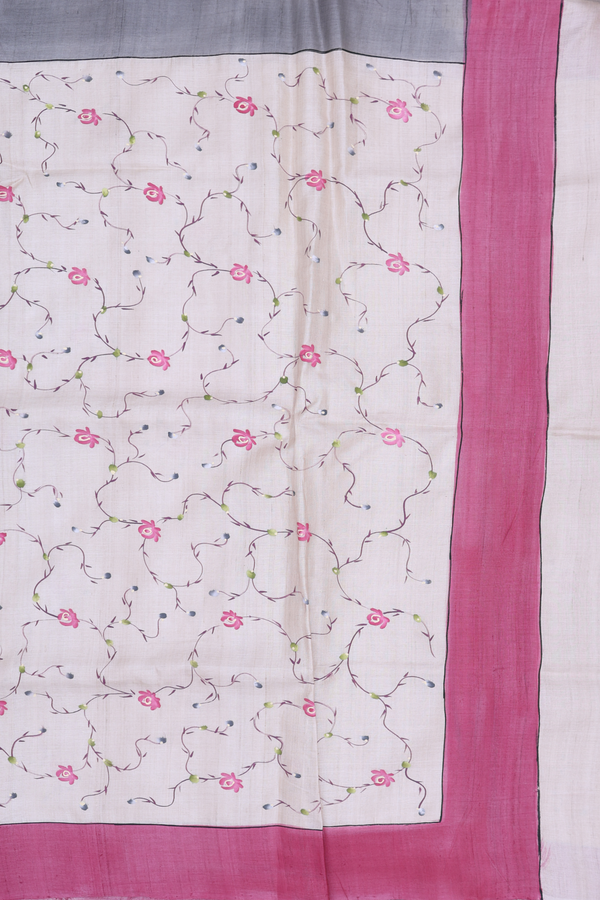 Tussar Silk Saree In Plain Cream Color With Contrast Border