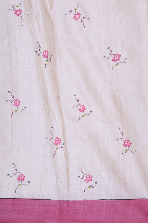Tussar Silk Saree In Plain Cream Color With Contrast Border