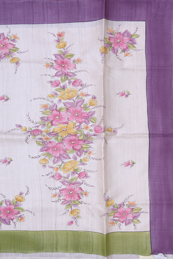 Tussar Silk Saree In Cream Color With Hand Painted Pallu