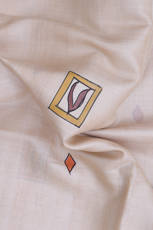 Tussar Silk Saree In Cream Color With Hand Painted Design