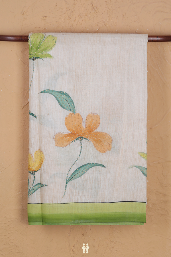 Tussar Silk Saree In Cream Color With Hand Painted Design