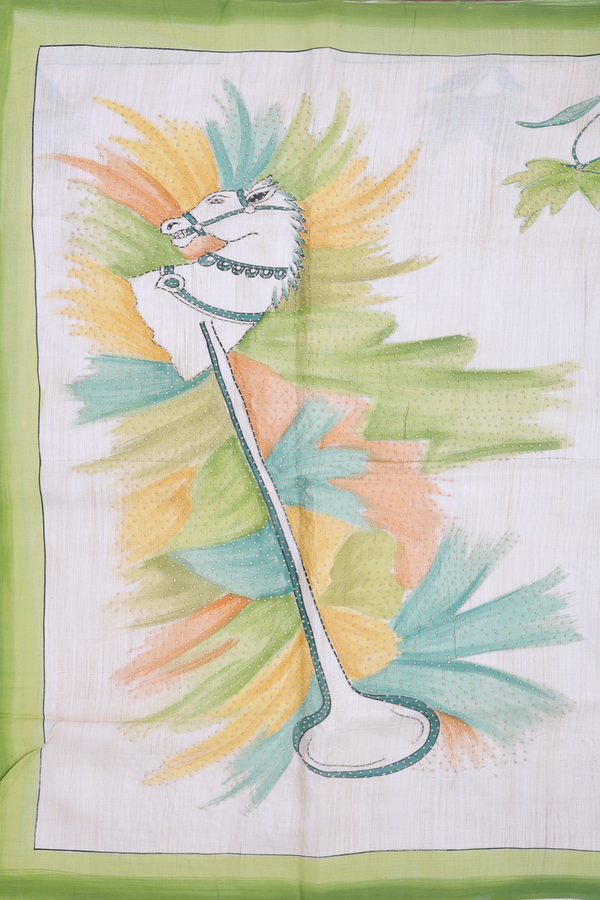 Tussar Silk Saree In Cream Color With Hand Painted Design