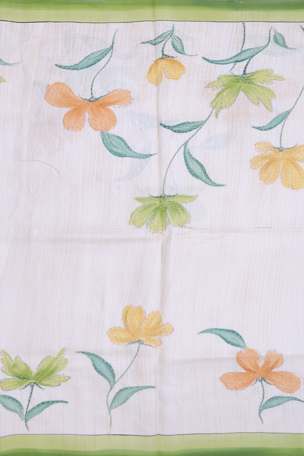 Tussar Silk Saree In Cream Color With Hand Painted Design
