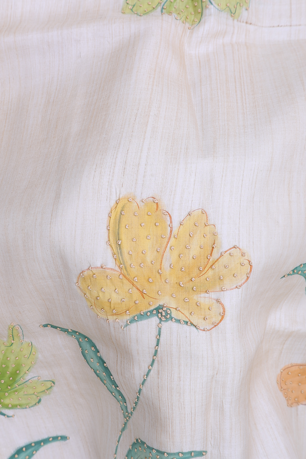 Tussar Silk Saree In Cream Color With Hand Painted Design