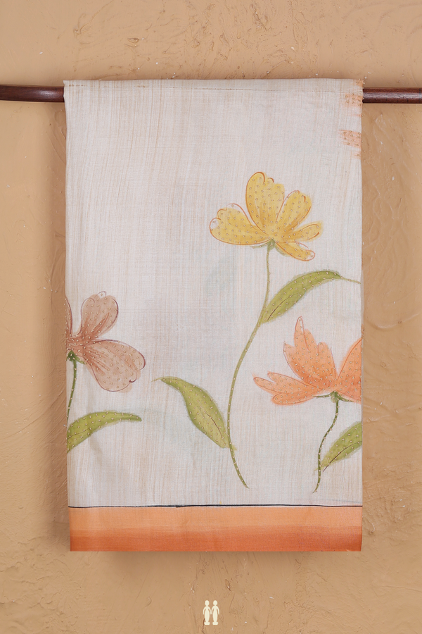 Tussar Silk Saree In Cream Color With Hand Painted Design