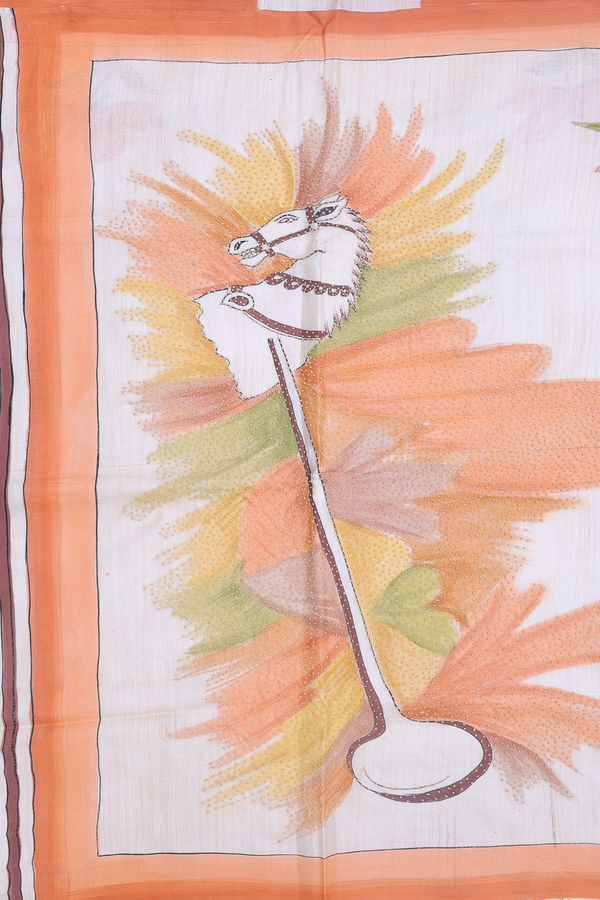 Tussar Silk Saree In Cream Color With Hand Painted Design