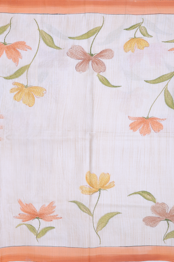 Tussar Silk Saree In Cream Color With Hand Painted Design