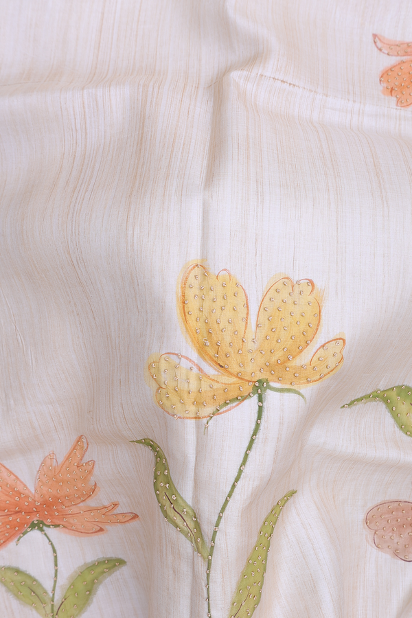 Tussar Silk Saree In Cream Color With Hand Painted Design