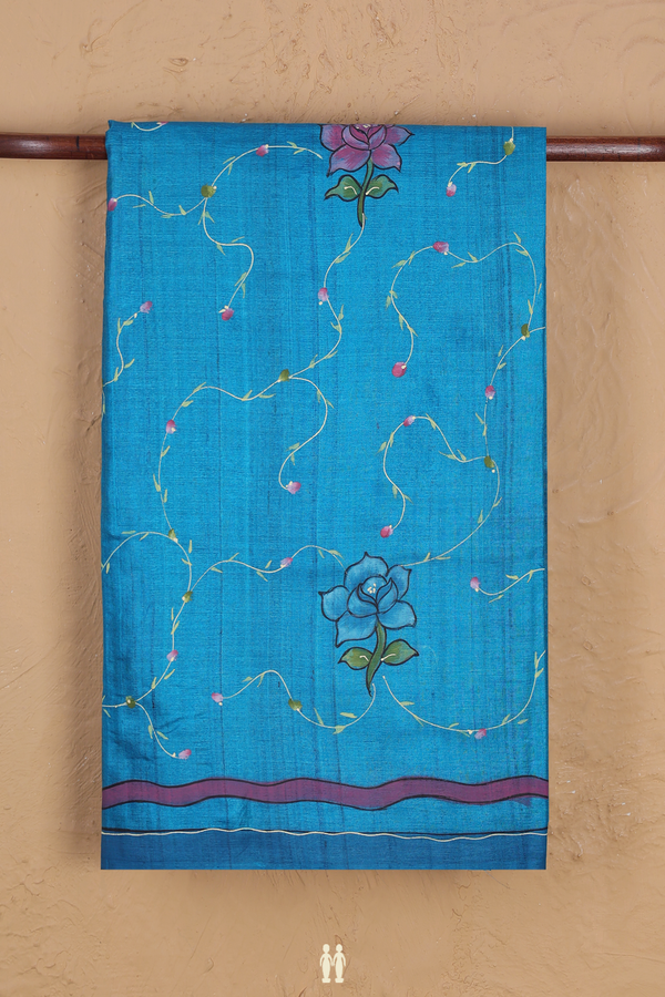 Tussar Silk Saree In Cerulean Blue With Floral Hand Painted