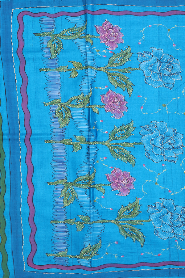 Tussar Silk Saree In Cerulean Blue With Floral Hand Painted