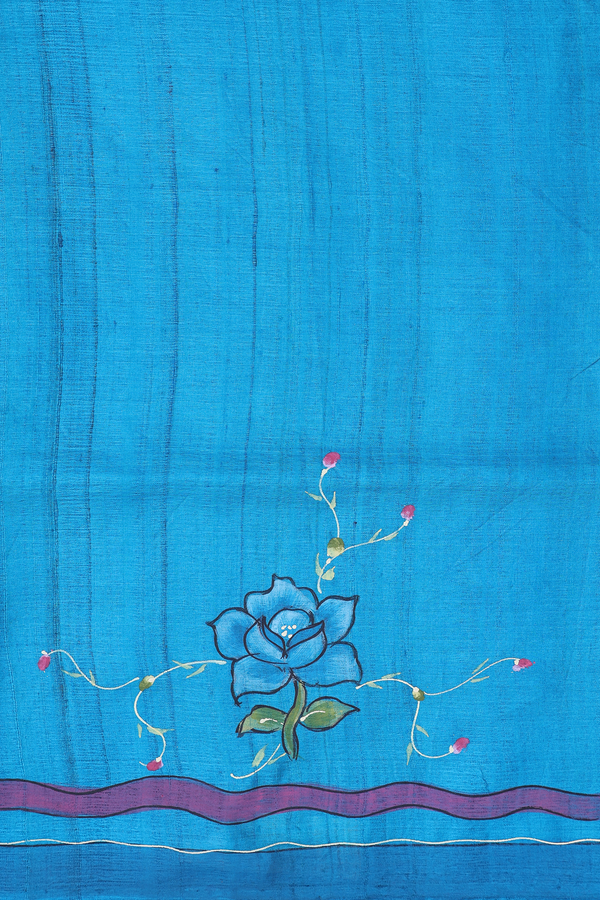 Tussar Silk Saree In Cerulean Blue With Floral Hand Painted