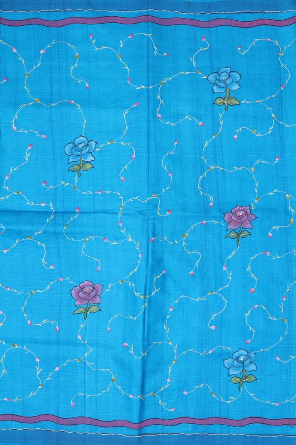 Tussar Silk Saree In Cerulean Blue With Floral Hand Painted