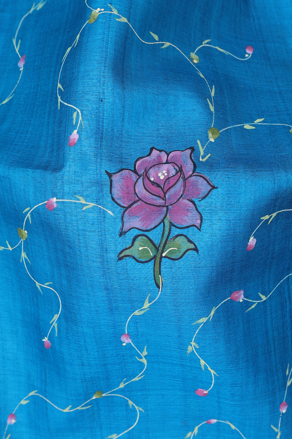 Tussar Silk Saree In Cerulean Blue With Floral Hand Painted